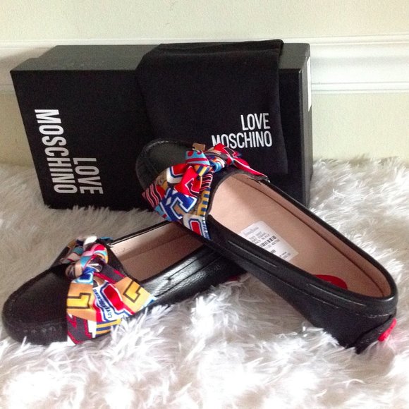 Love Moschino Shoes - Love Moschino Leather Drivers& Logo Silk Scarf Bow